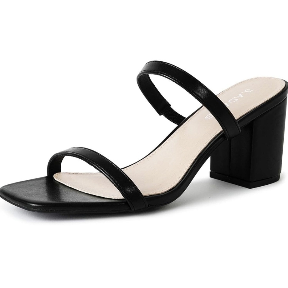 Women's Square Open Toe Two Strap Heeled Sandals Slip On Block Chunky Heels Shoe